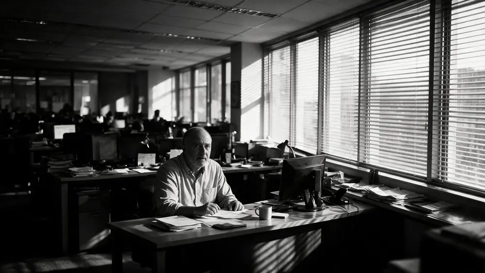 Ricardo Muza em uma redação, à mesa de trabalho